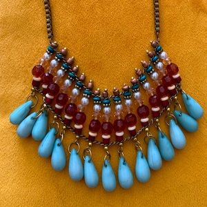 Turquoise,Deep Rose, Pearl Beaded Necklace
